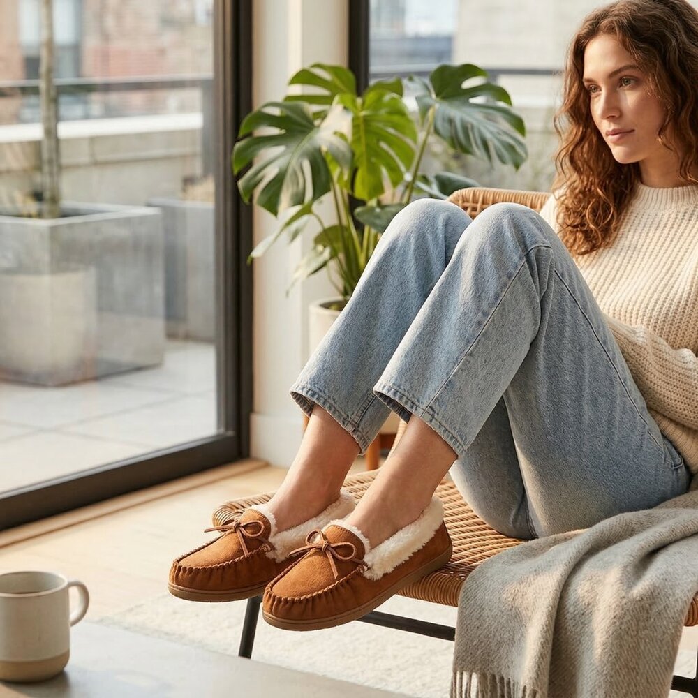 Sonoma Goods For Life WMNS Moccasin‎ Slippers Cognac Faux Fur Lined Size S 6/7